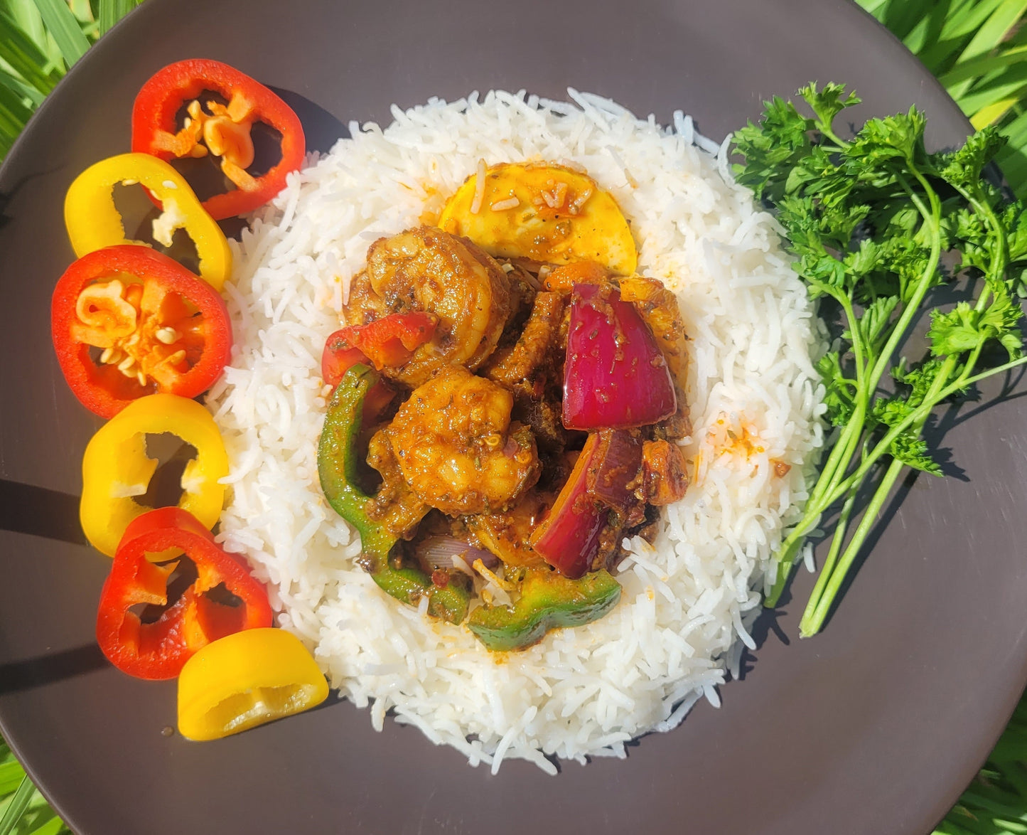 Spicy Portuguese Pan Seared Shrimp & Veggies on Rice