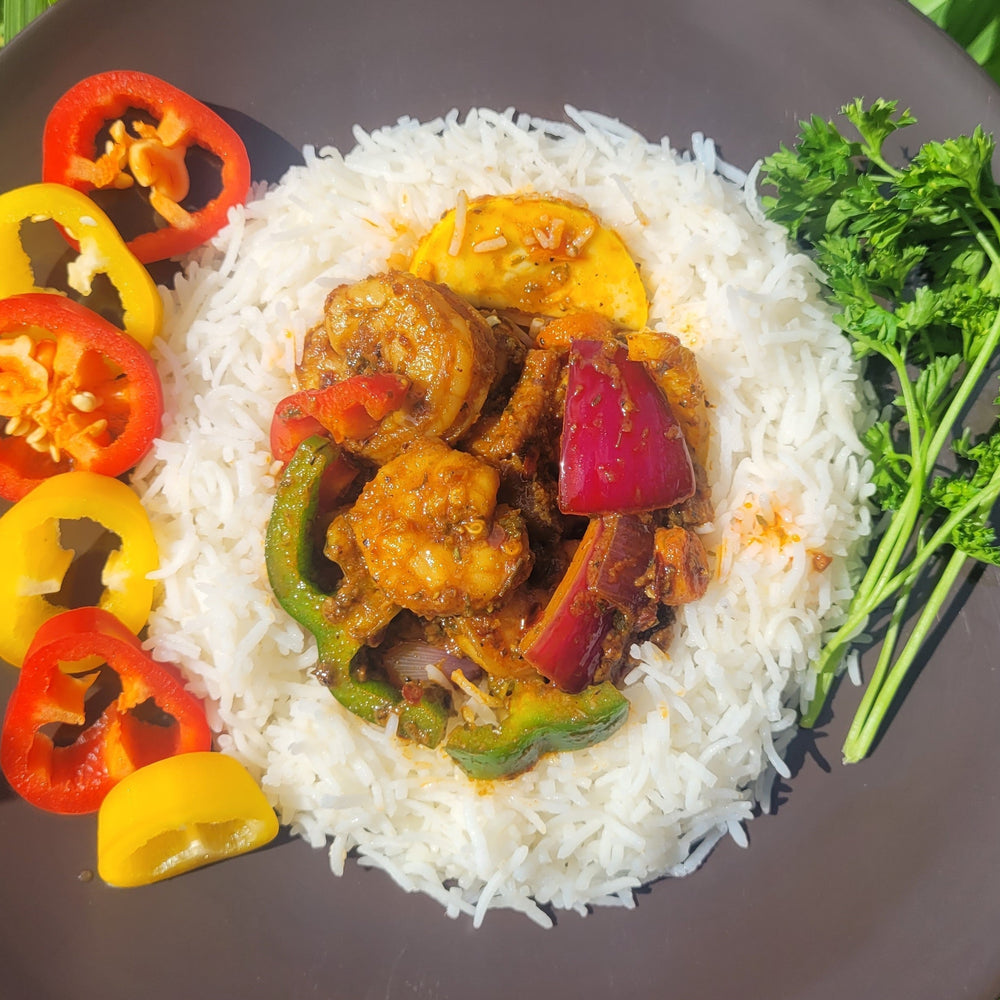 Spicy Portuguese Pan Seared Shrimp & Veggies on Rice